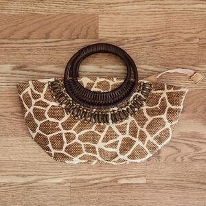 EUC Blue Miami Giraffe Pattern Clutch with Wooden Accents